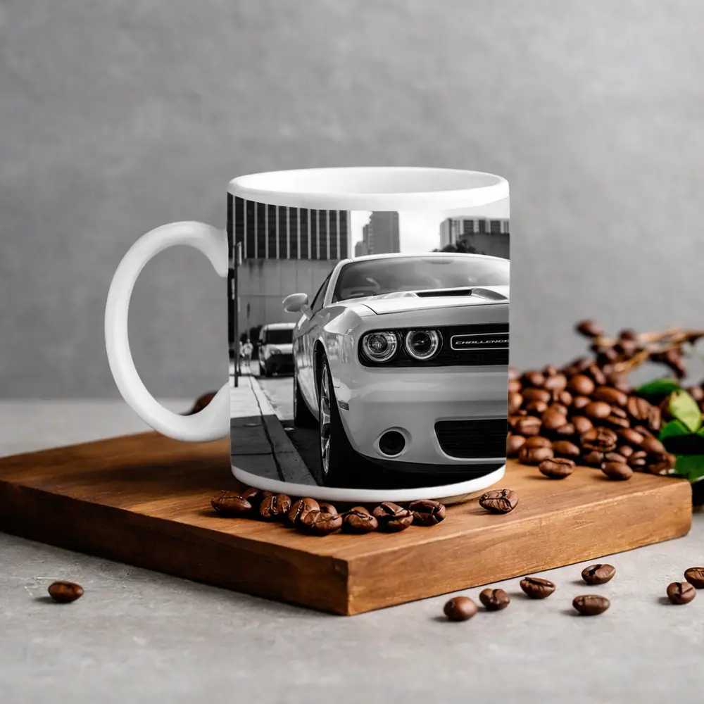 Dodge Challenger Black White Urban Street Shot – Mugs