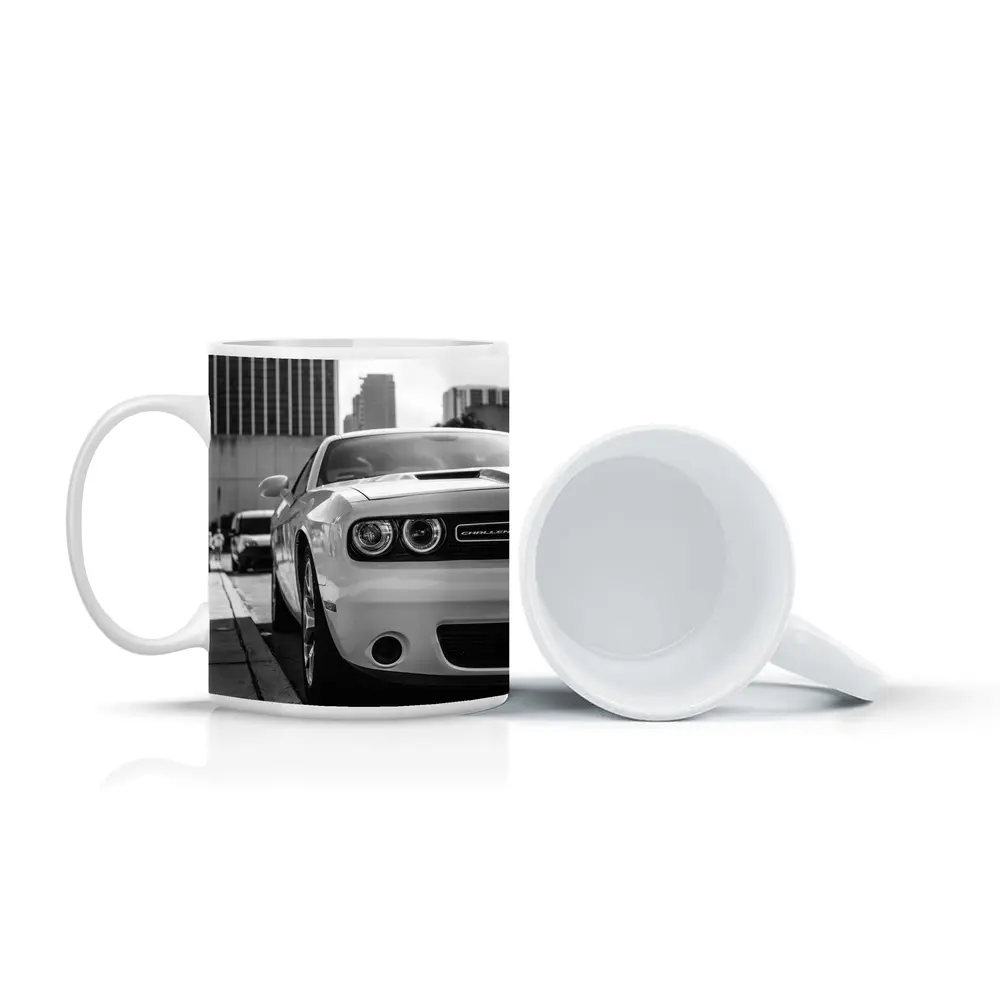 Dodge Challenger Black White Urban Street Shot – Mugs