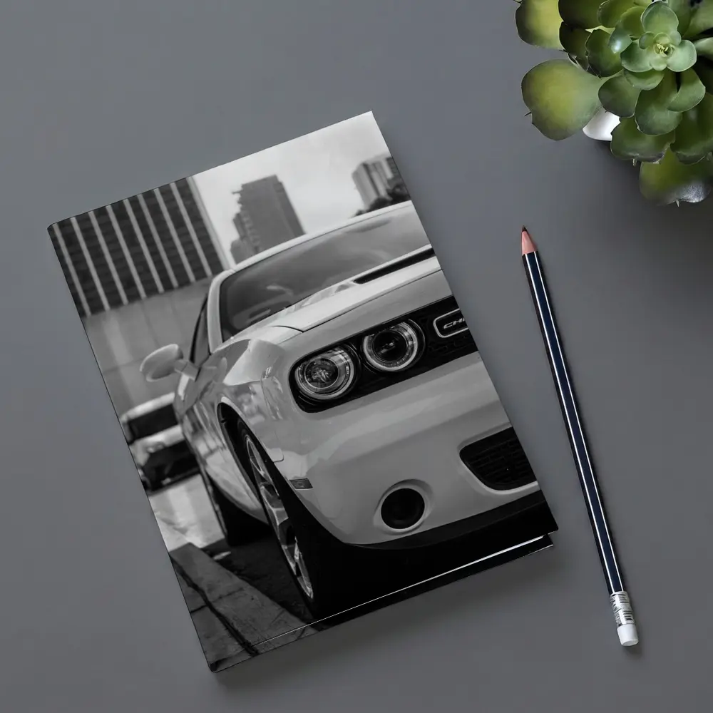 Dodge Challenger Black White Urban Street Shot – Notebooks
