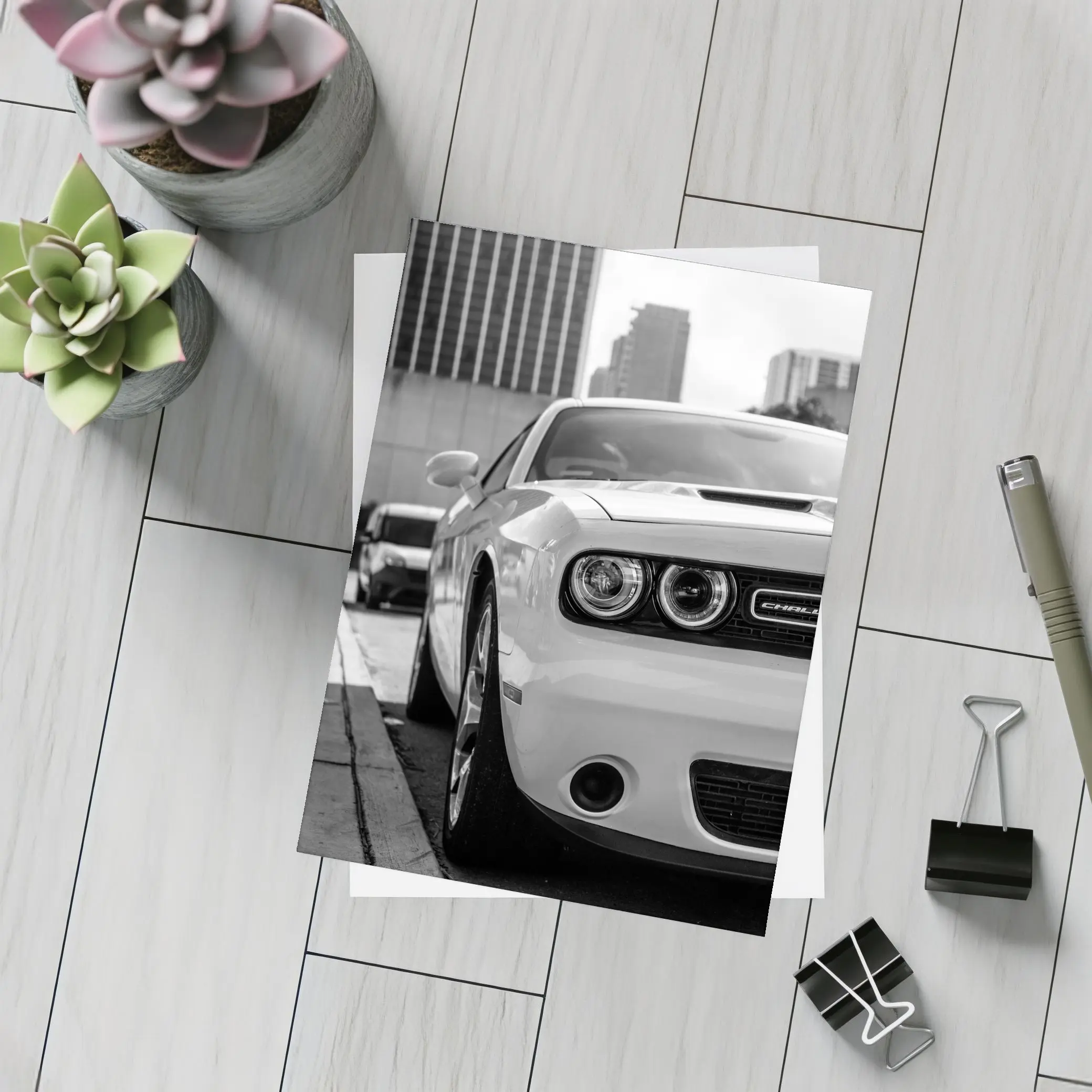 Dodge Challenger Black White Urban Street Shot – Postcards