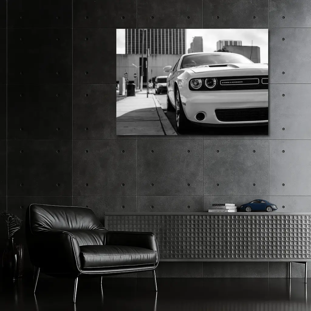 Dodge Challenger Black White Urban Street Shot – Wall Art