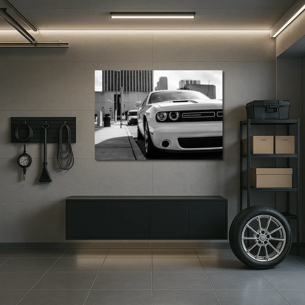 Dodge Challenger Black White Urban Street Shot – Wall Art