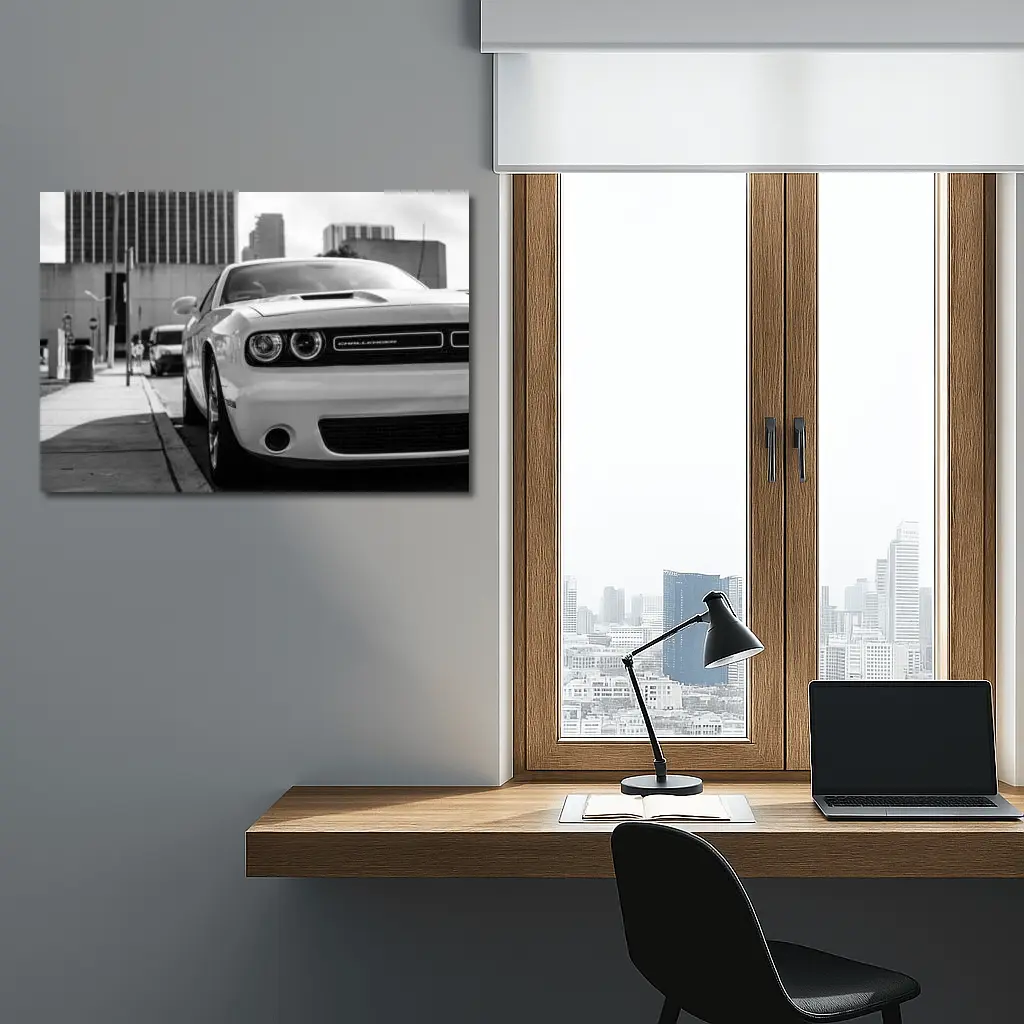 Dodge Challenger Black White Urban Street Shot – Wall Art