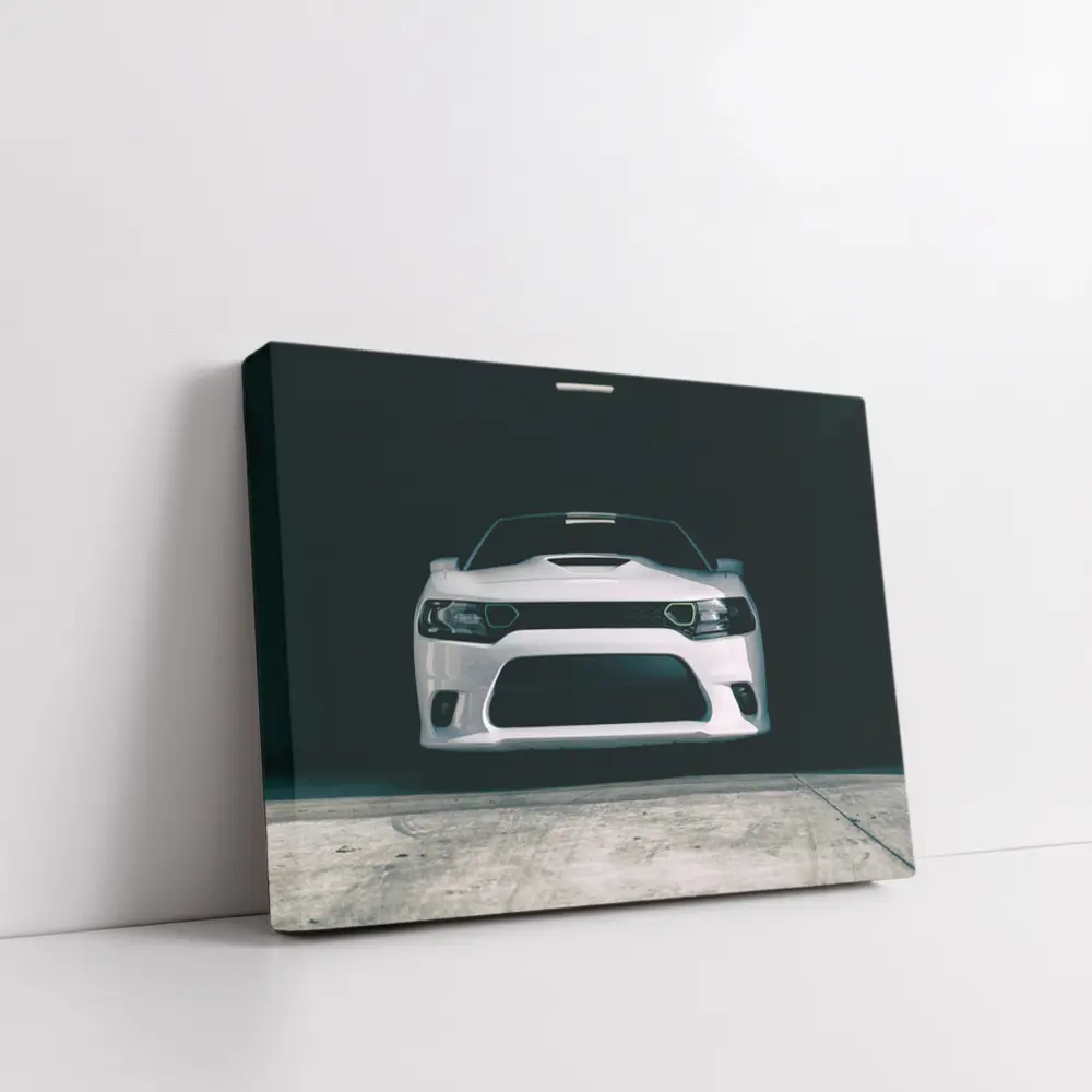 White Dodge Charger Front View Dark Garage – Wall Art