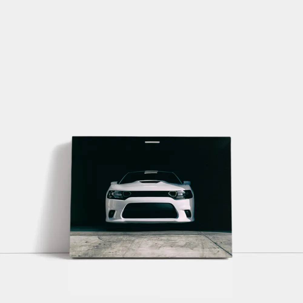 White Dodge Charger Front View Dark Garage – Wall Art