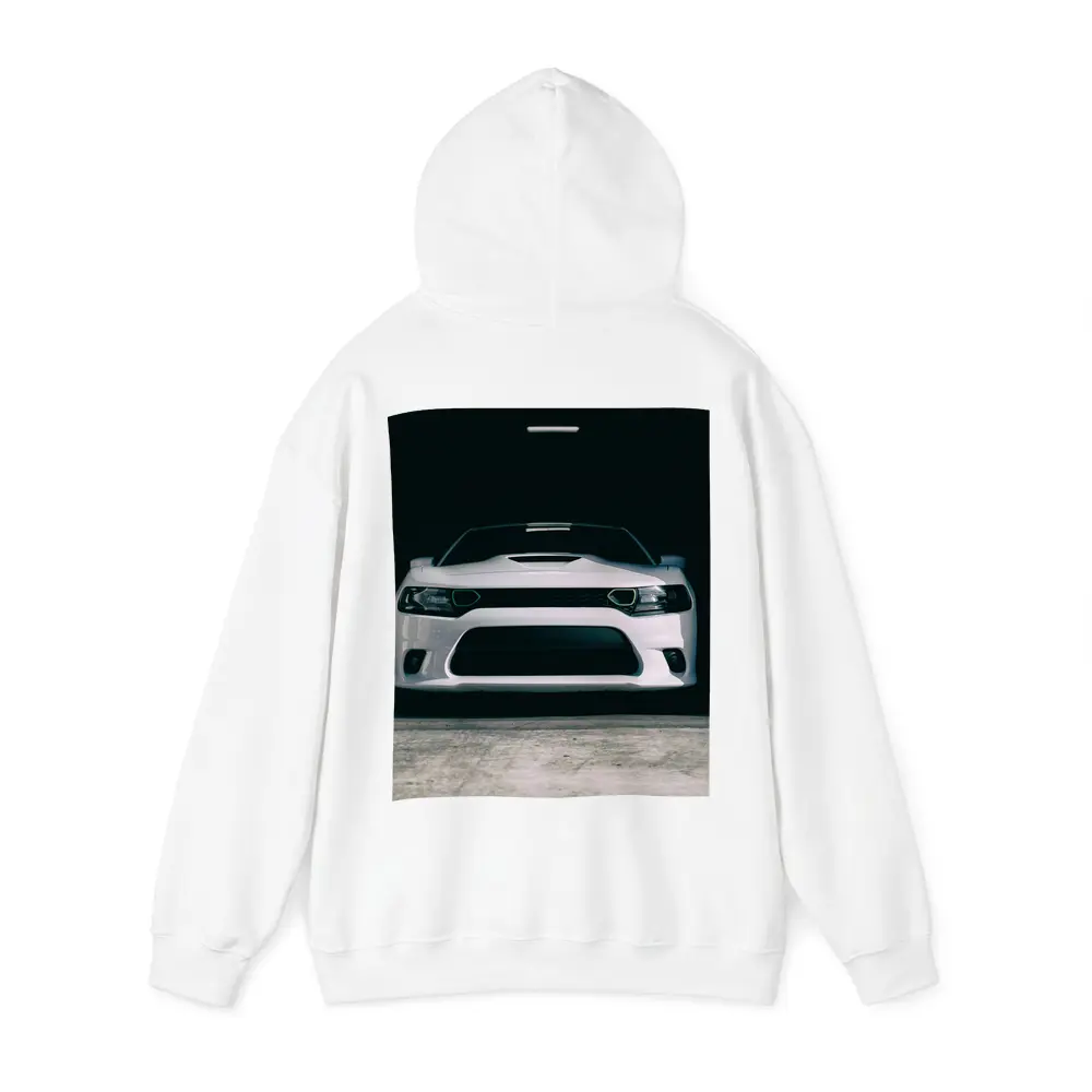 White Dodge Charger Front View Dark Garage – Hoodies