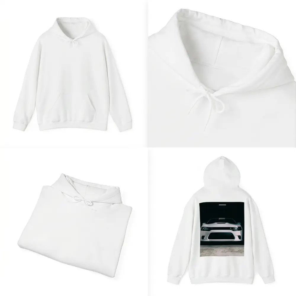 White Dodge Charger Front View Dark Garage – Hoodies