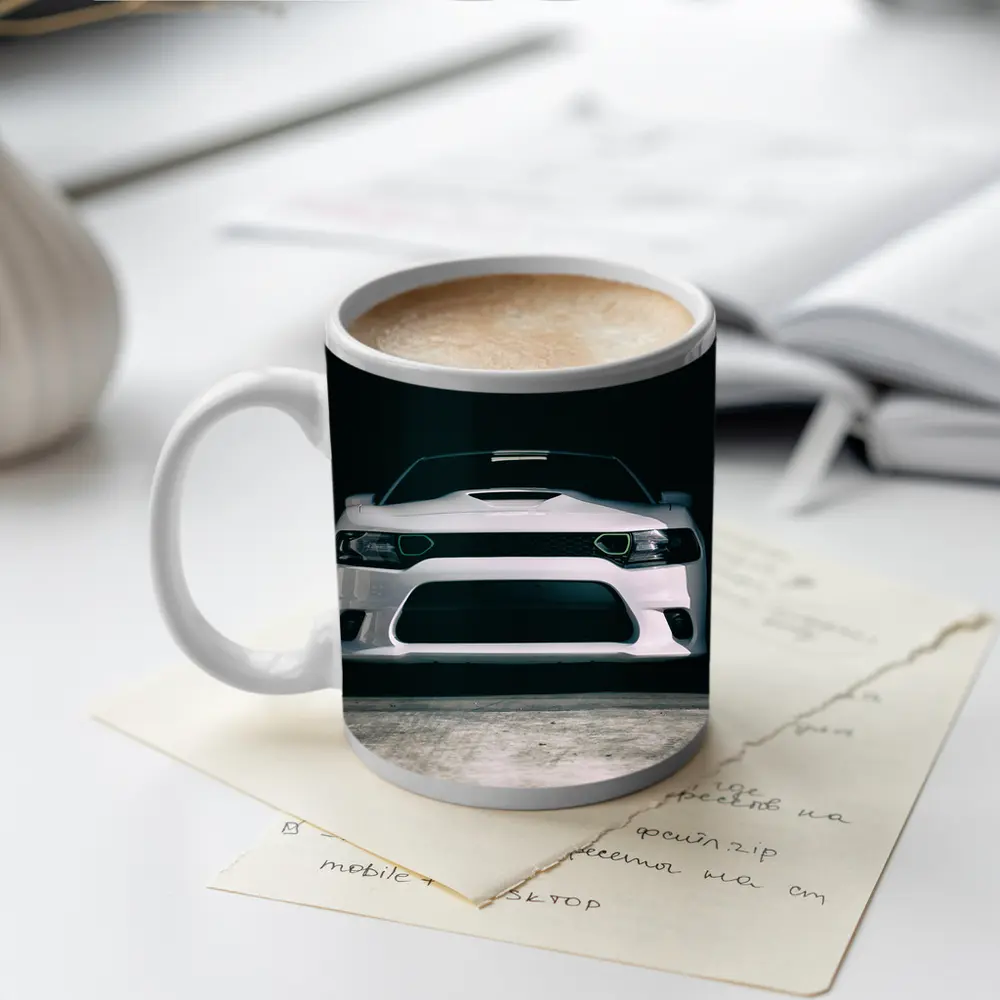 White Dodge Charger Front View Dark Garage – Mugs