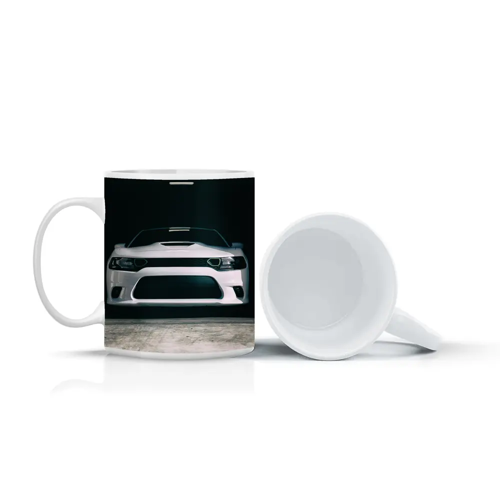 White Dodge Charger Front View Dark Garage – Mugs