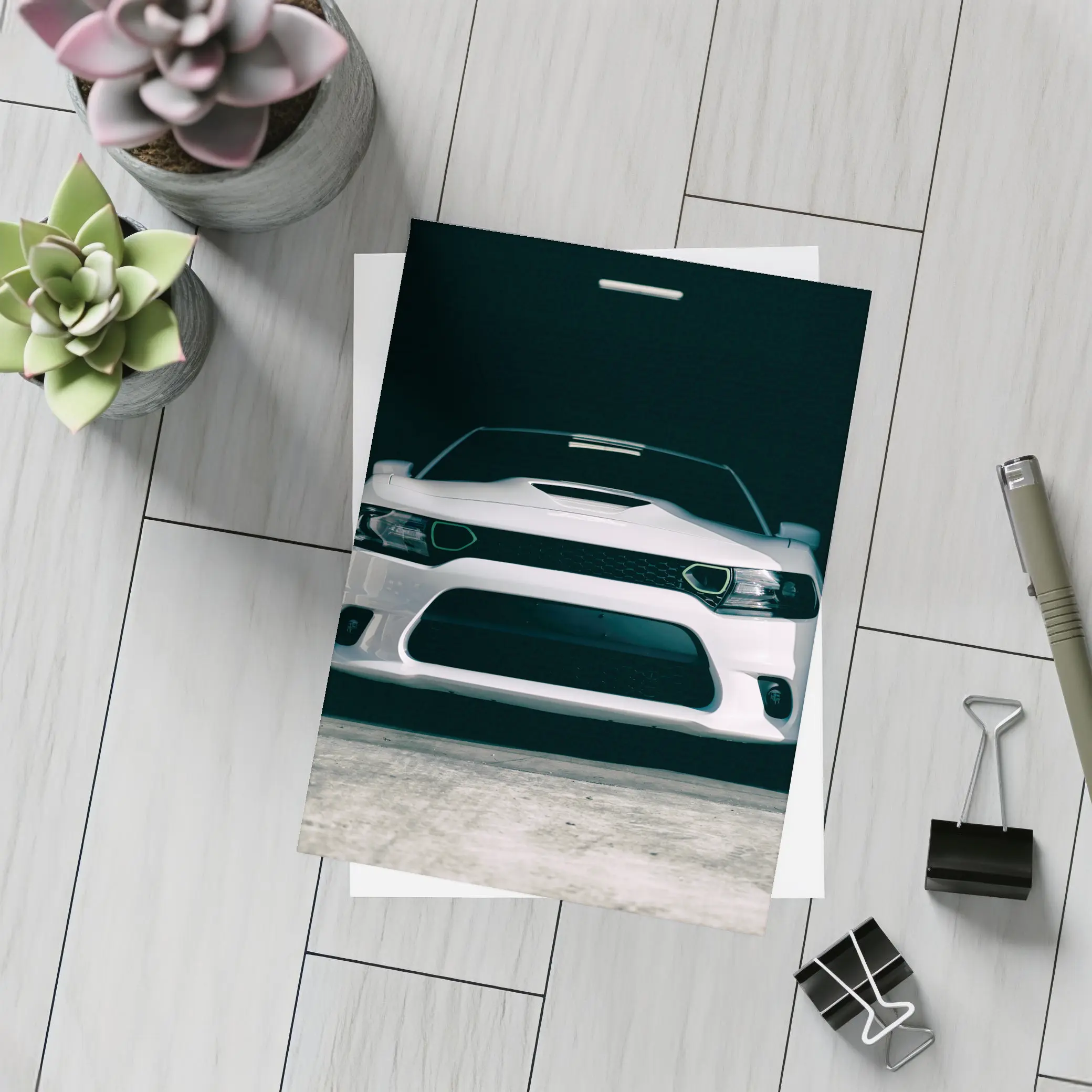 White Dodge Charger Front View Dark Garage – Postcards