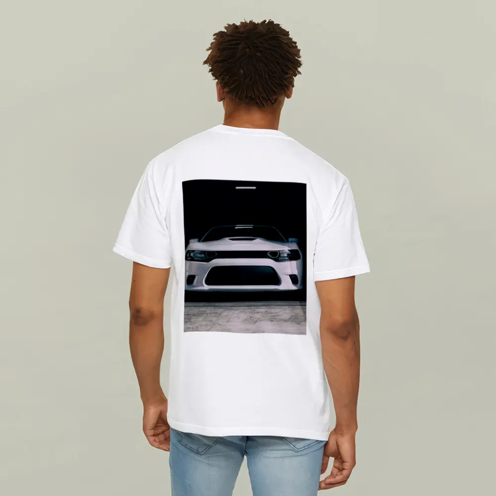 White Dodge Charger Front View Dark Garage – T-Shirts