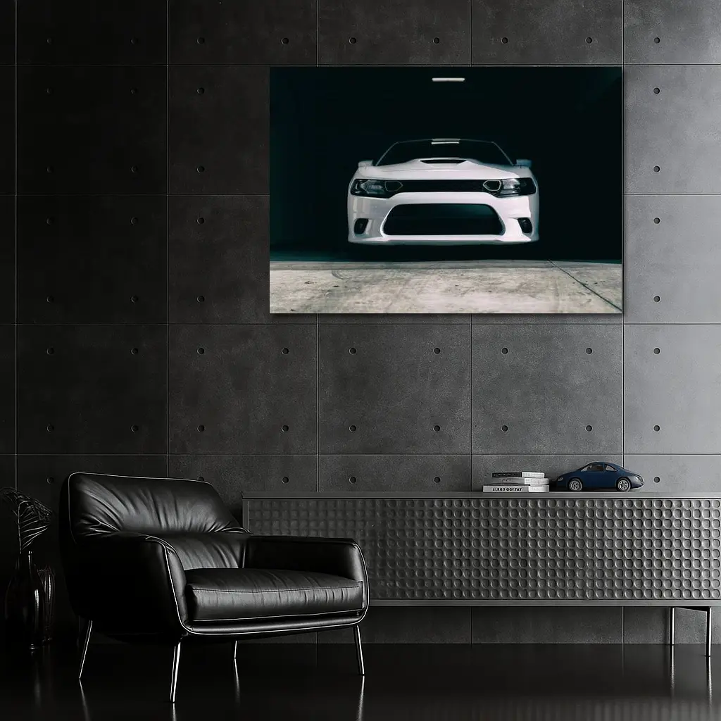 White Dodge Charger Front View Dark Garage – Wall Art