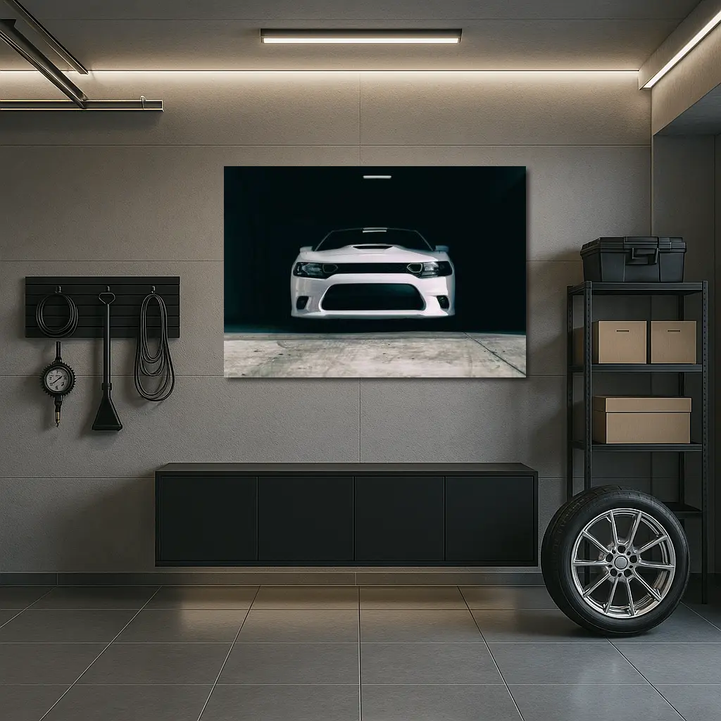 White Dodge Charger Front View Dark Garage – Wall Art