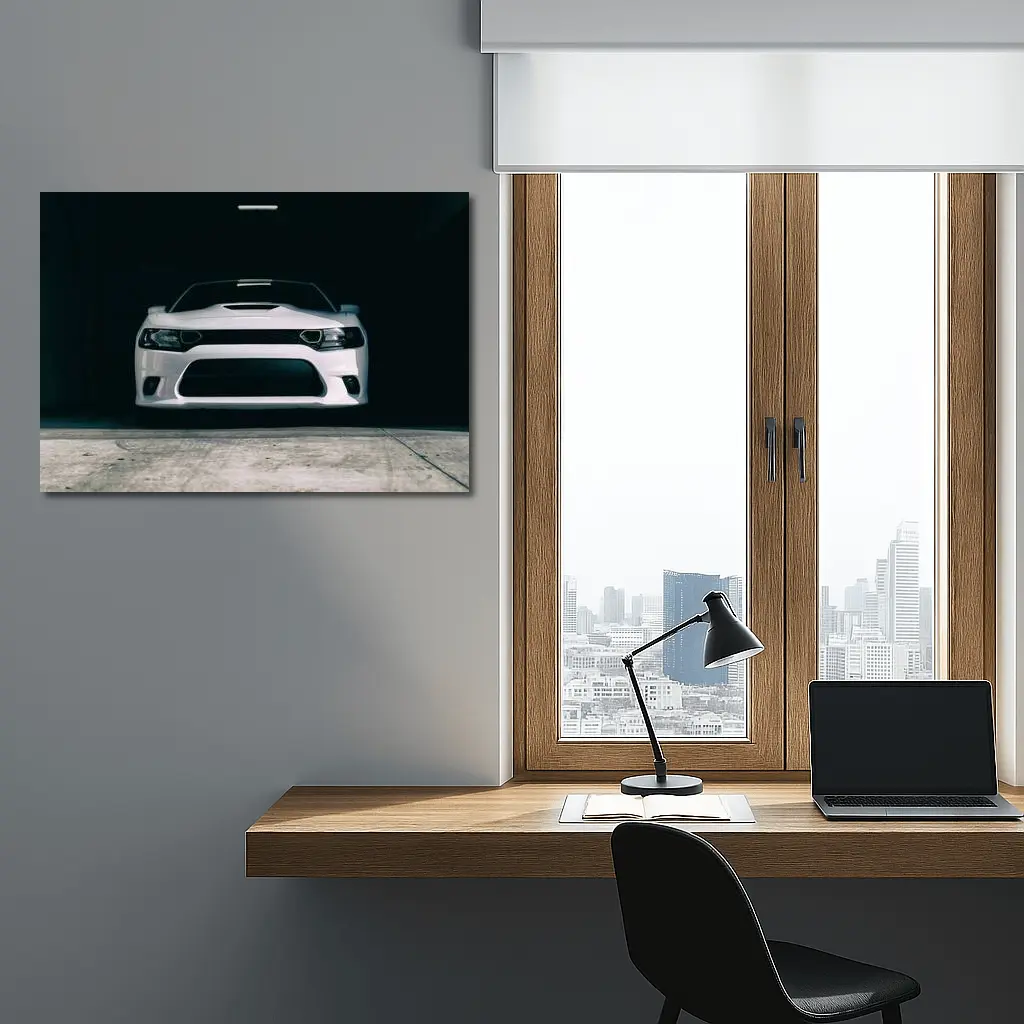 White Dodge Charger Front View Dark Garage – Wall Art