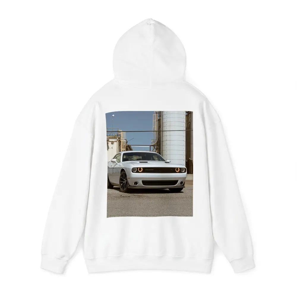 Dodge Challenger White Muscle Car Industrial Setting – Hoodies
