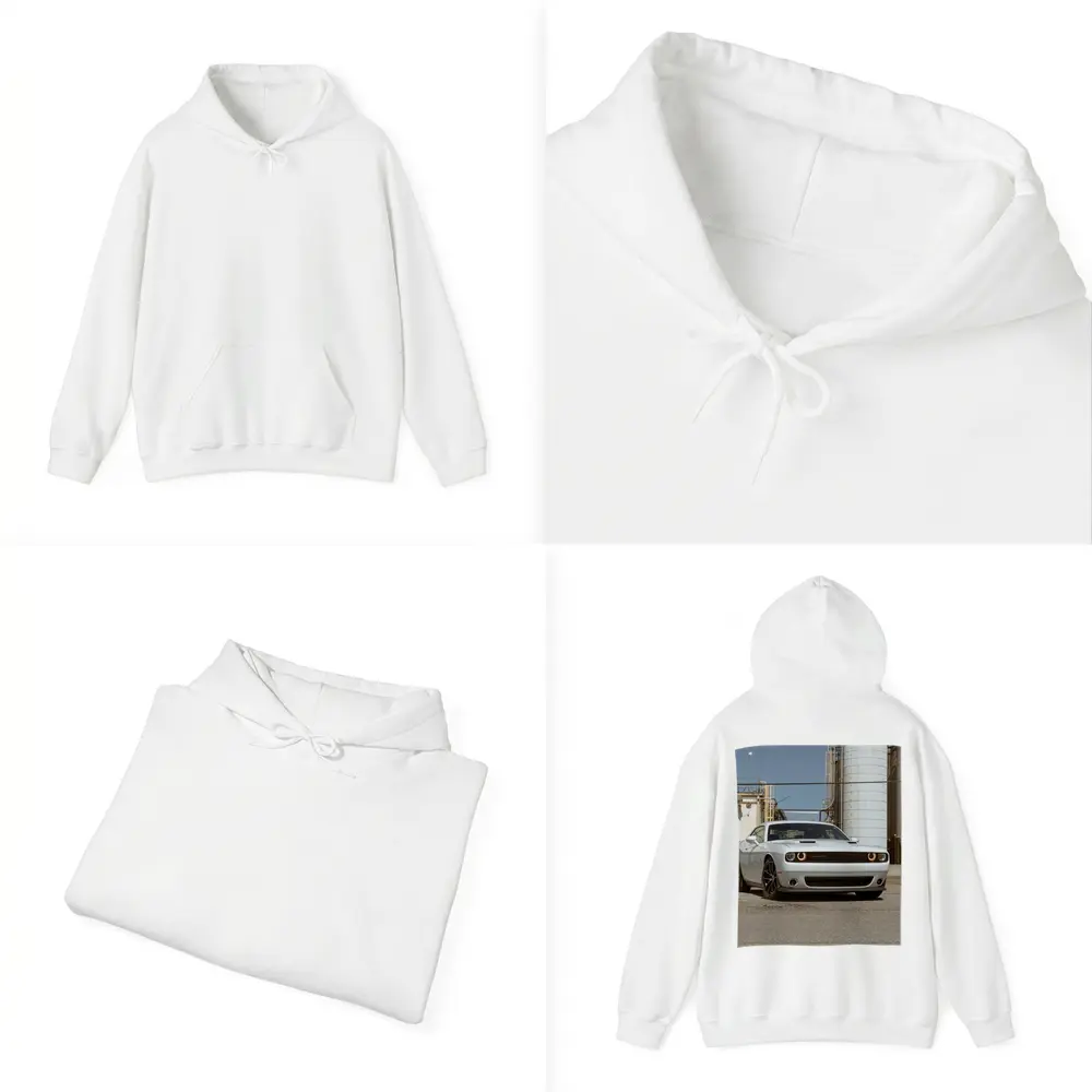 Dodge Challenger White Muscle Car Industrial Setting – Hoodies