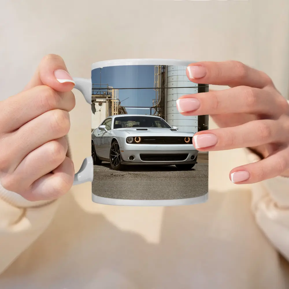 Dodge Challenger White Muscle Car Industrial Setting – Mugs