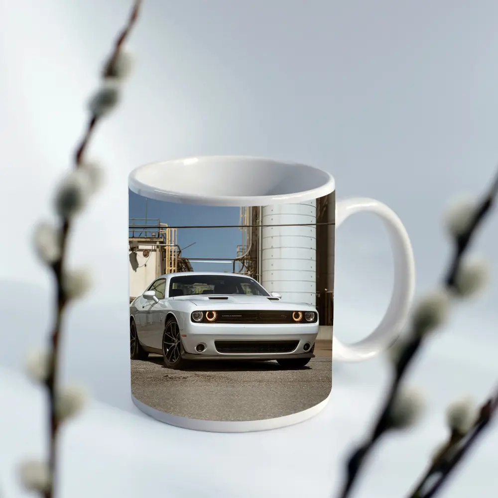 Dodge Challenger White Muscle Car Industrial Setting – Mugs
