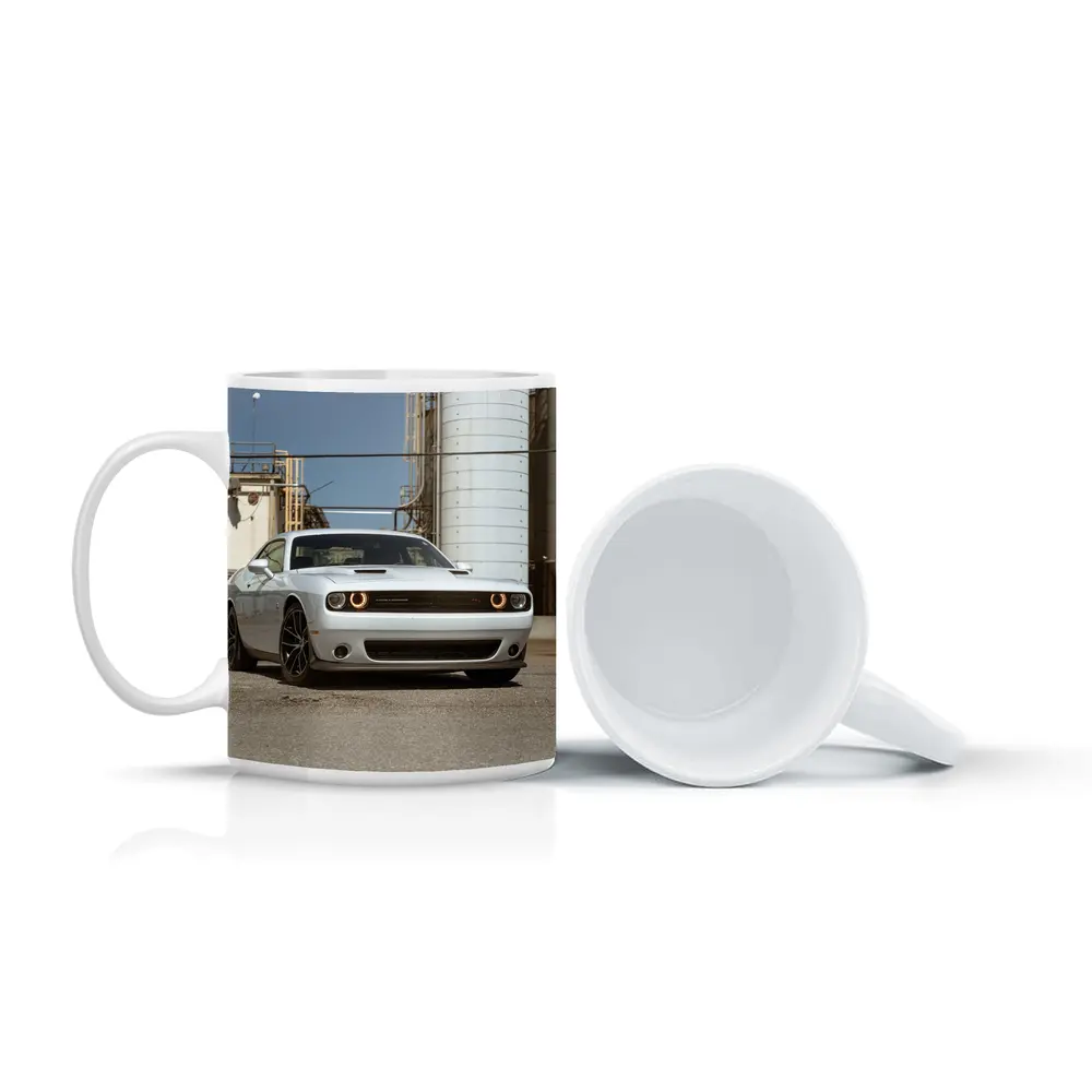 Dodge Challenger White Muscle Car Industrial Setting – Mugs