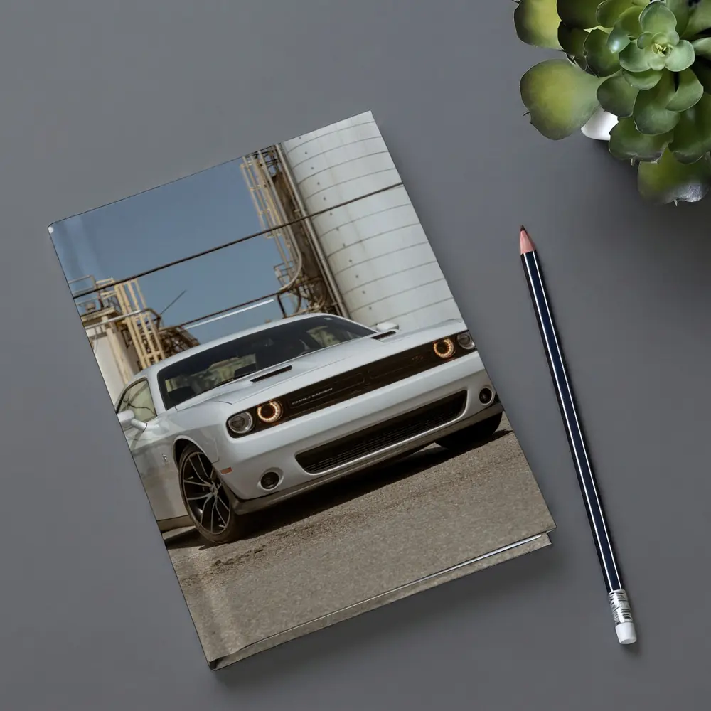 Dodge Challenger White Muscle Car Industrial Setting – Notebooks