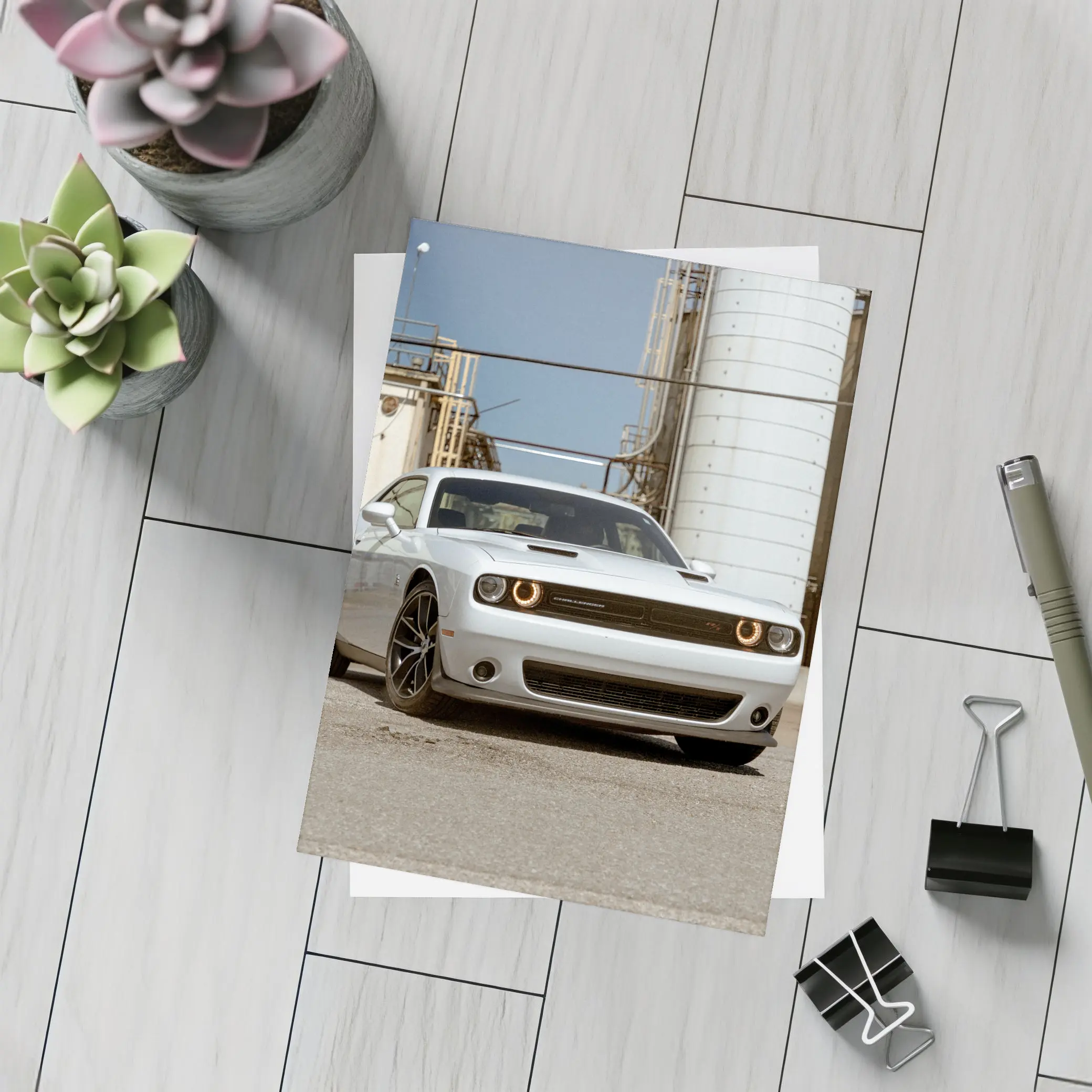 Dodge Challenger White Muscle Car Industrial Setting – Postcards