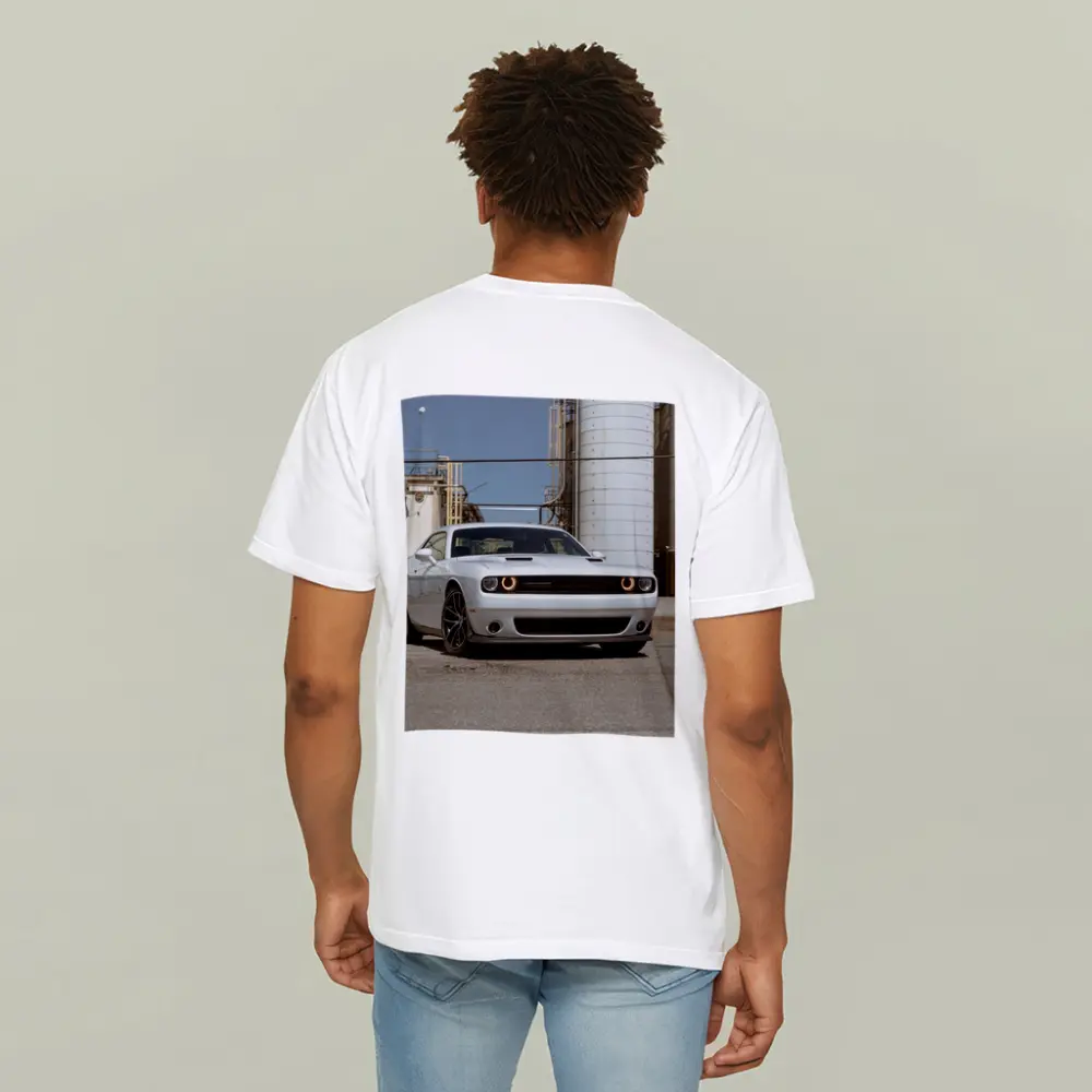 Dodge Challenger White Muscle Car Industrial Setting – T-Shirts