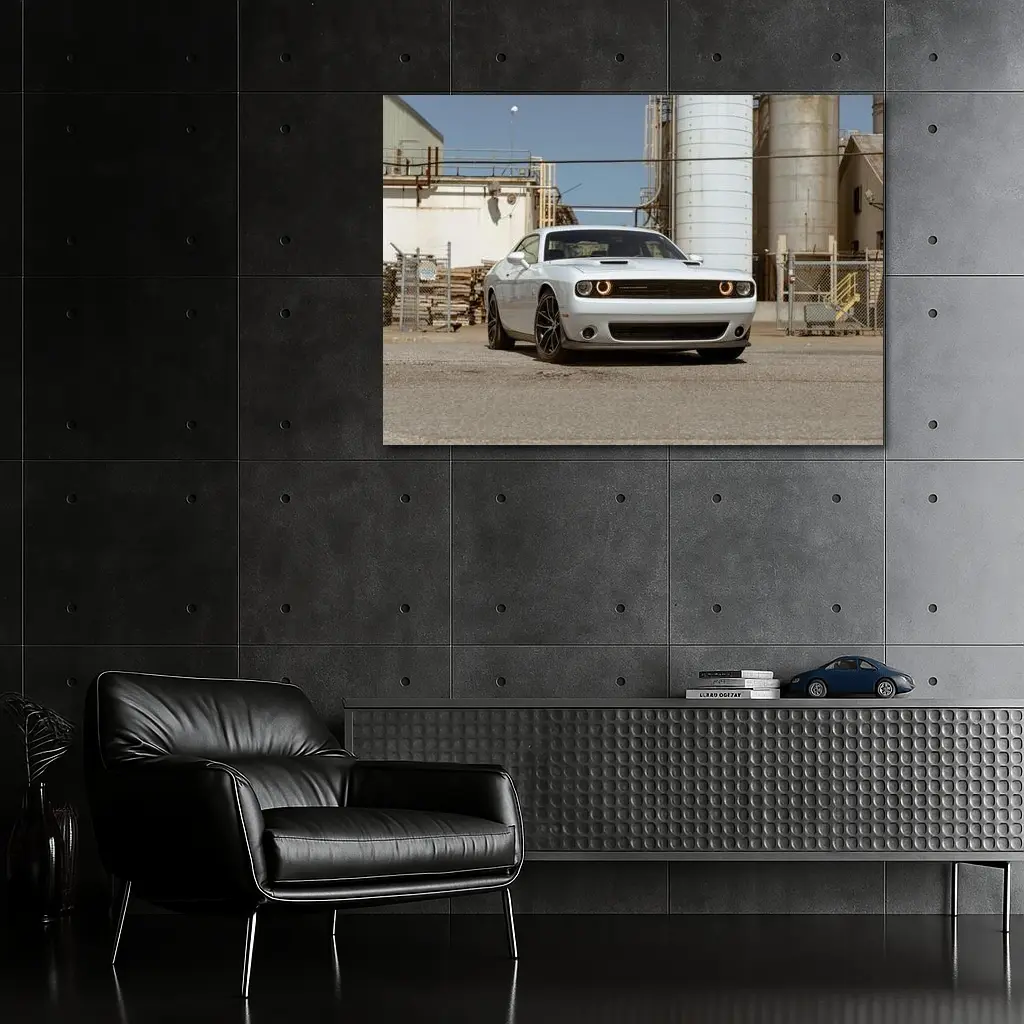 Dodge Challenger White Muscle Car Industrial Setting – Wall Art