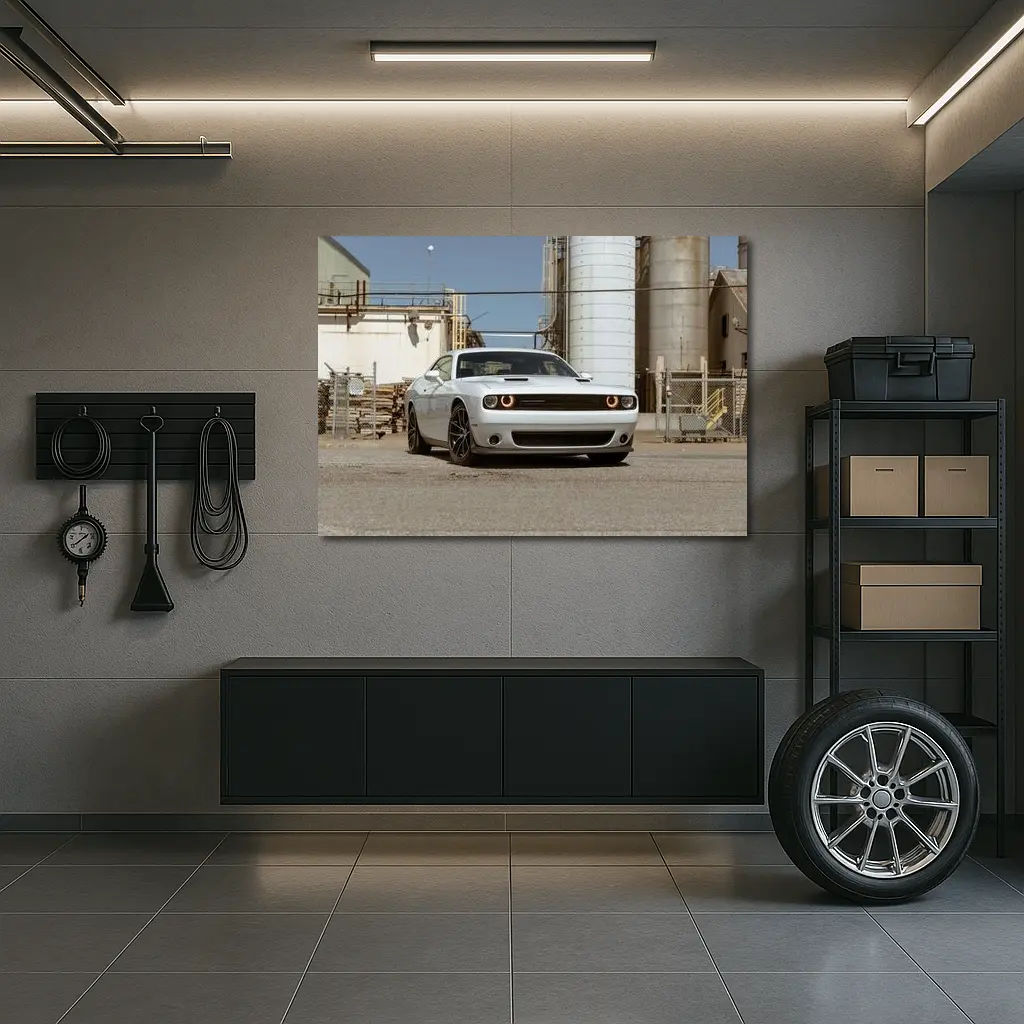 Dodge Challenger White Muscle Car Industrial Setting – Wall Art