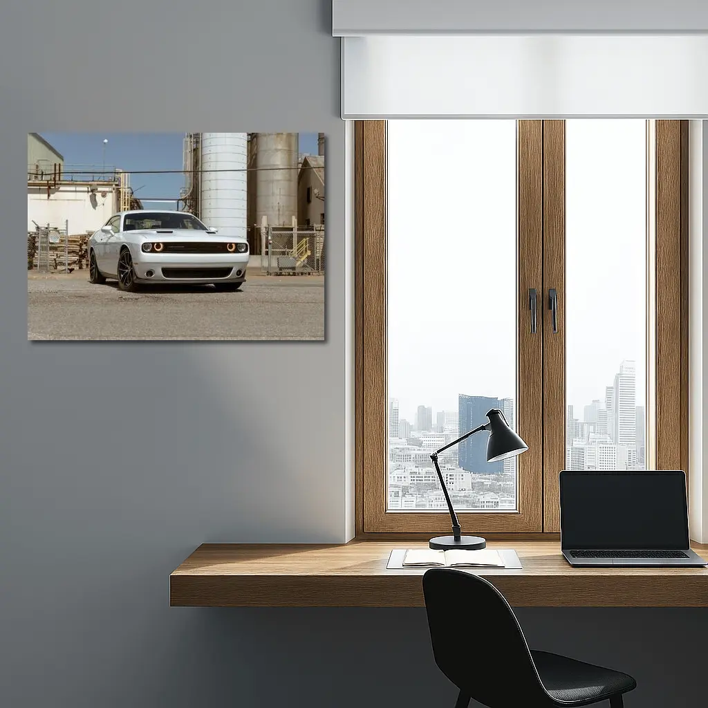 Dodge Challenger White Muscle Car Industrial Setting – Wall Art