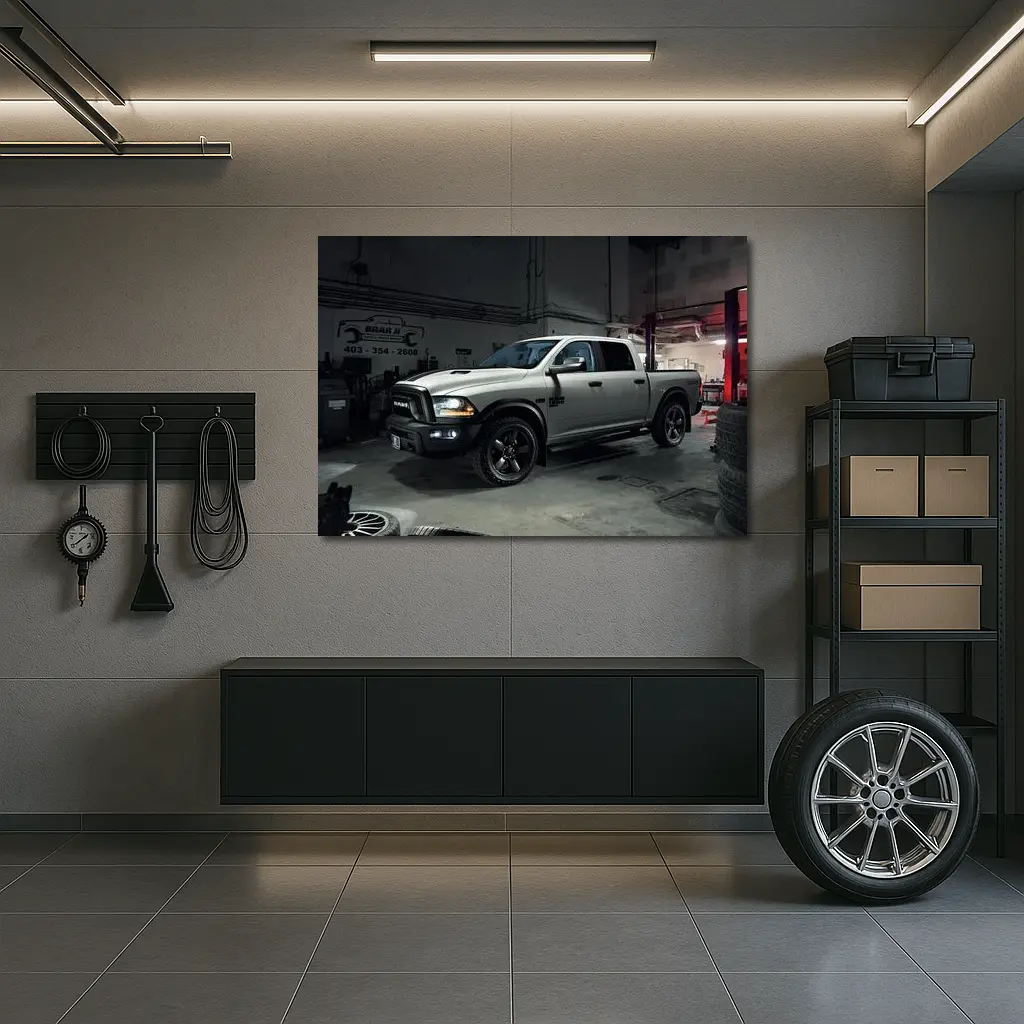 Ram 1500 Truck Inside Dark Auto Garage – Wall Art