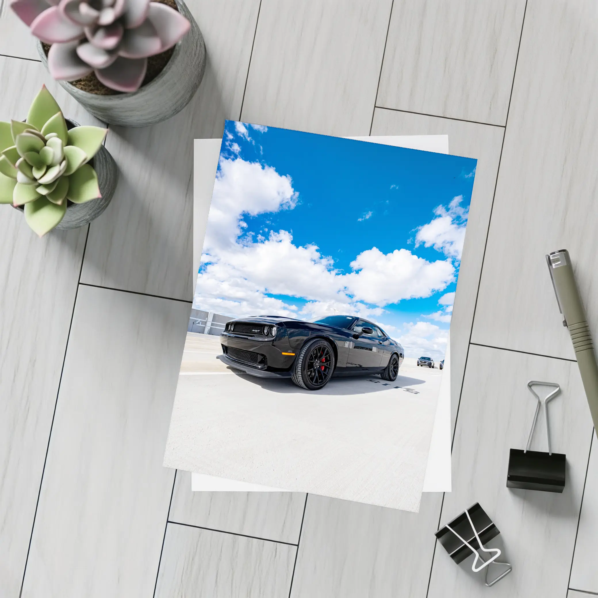 Black Dodge Challenger SRT Under Blue Sky – Postcards