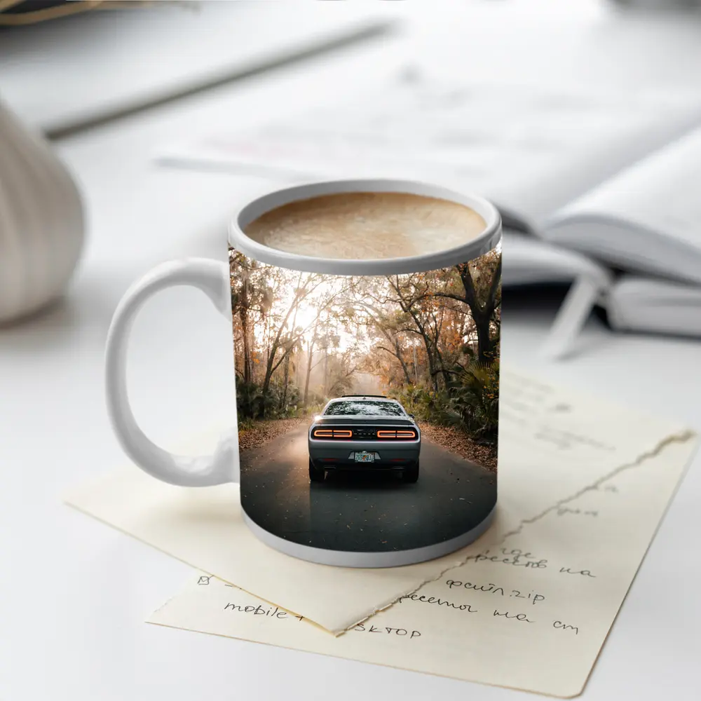 Dodge Challenger Rear View Forest Road – Mugs