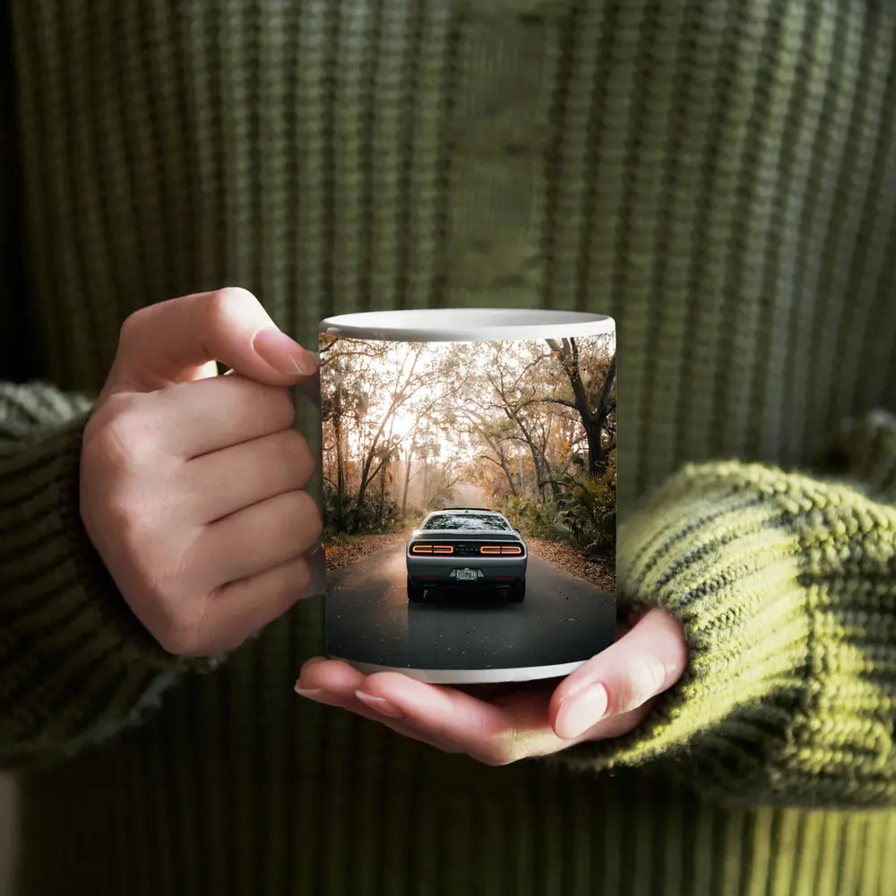 Dodge Challenger Rear View Forest Road – Mugs