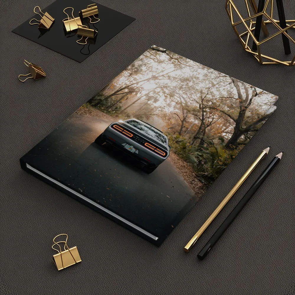 Dodge Challenger Rear View Forest Road – Notebooks