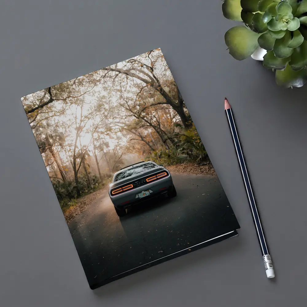 Dodge Challenger Rear View Forest Road – Notebooks