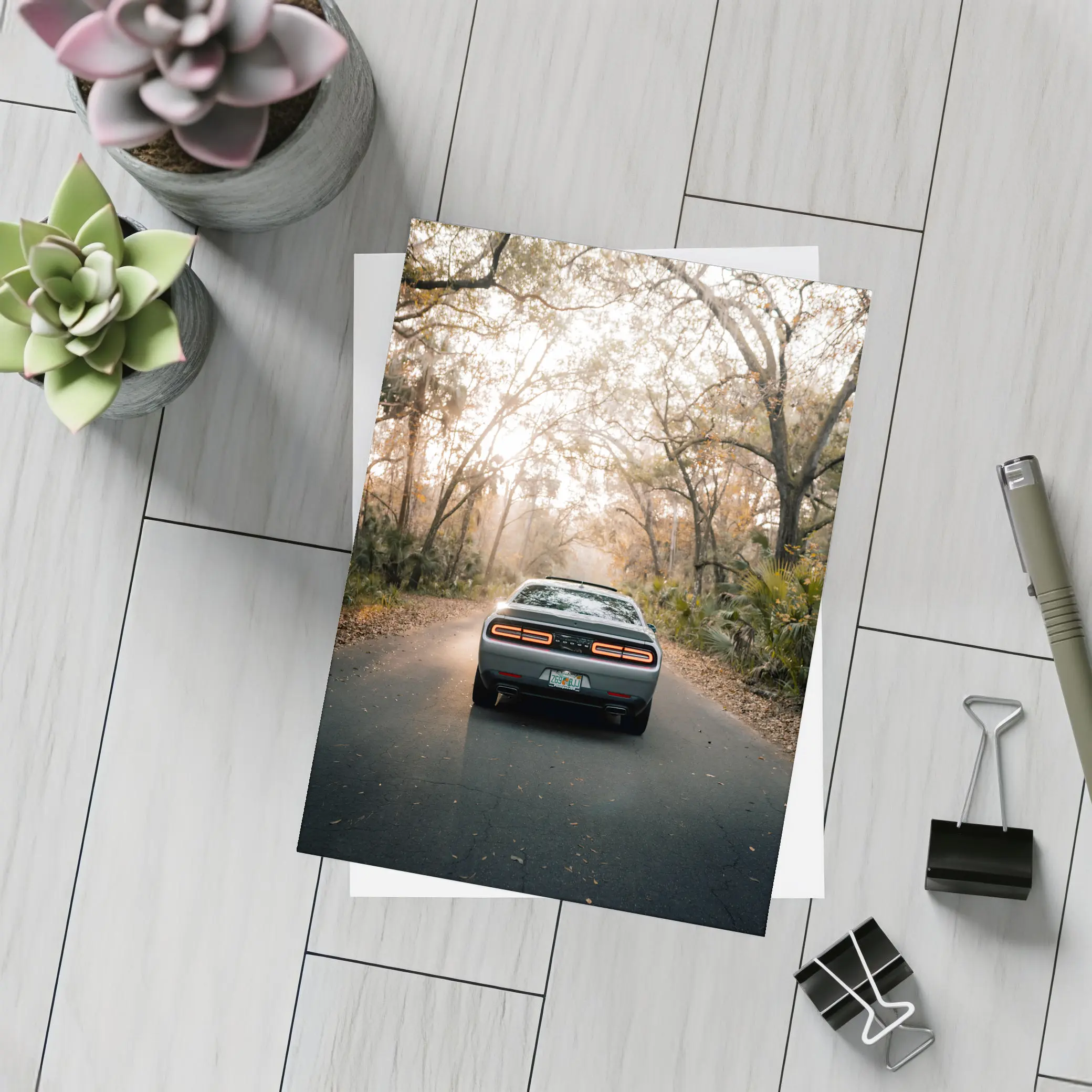 Dodge Challenger Rear View Forest Road – Postcards