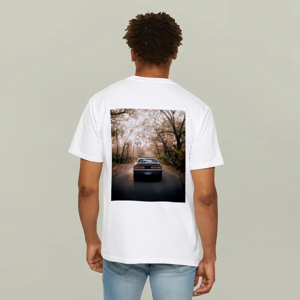 Dodge Challenger Rear View Forest Road – T-Shirts