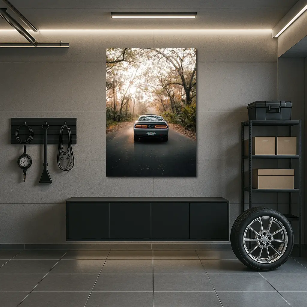 Dodge Challenger Rear View Forest Road – Wall Art