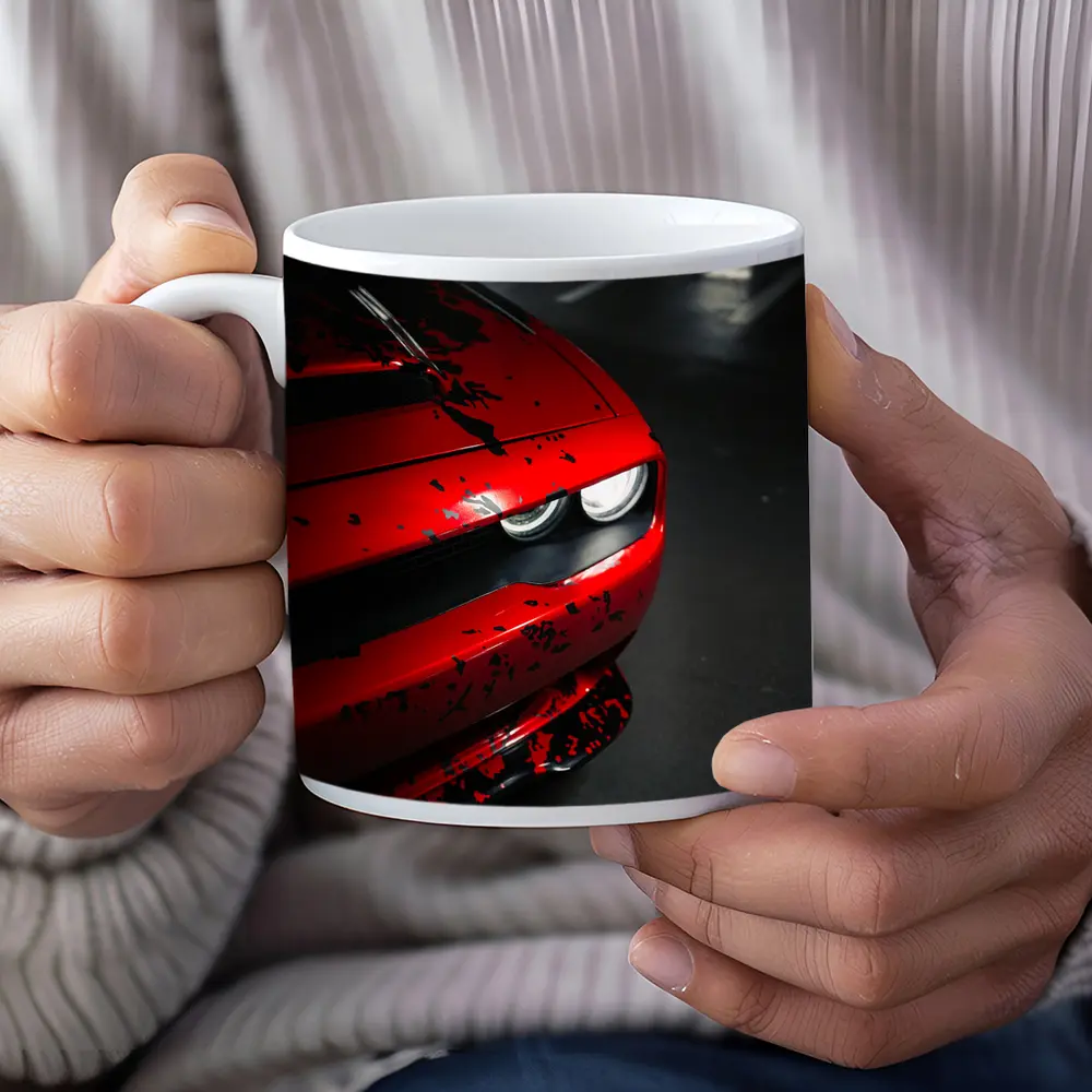 Red Dodge Challenger Front End Dark Garage – Mugs