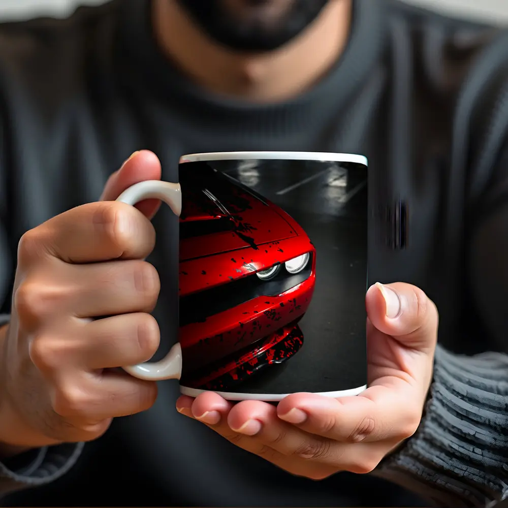 Red Dodge Challenger Front End Dark Garage – Mugs