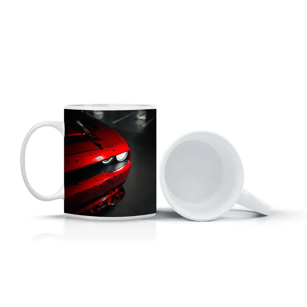 Red Dodge Challenger Front End Dark Garage – Mugs
