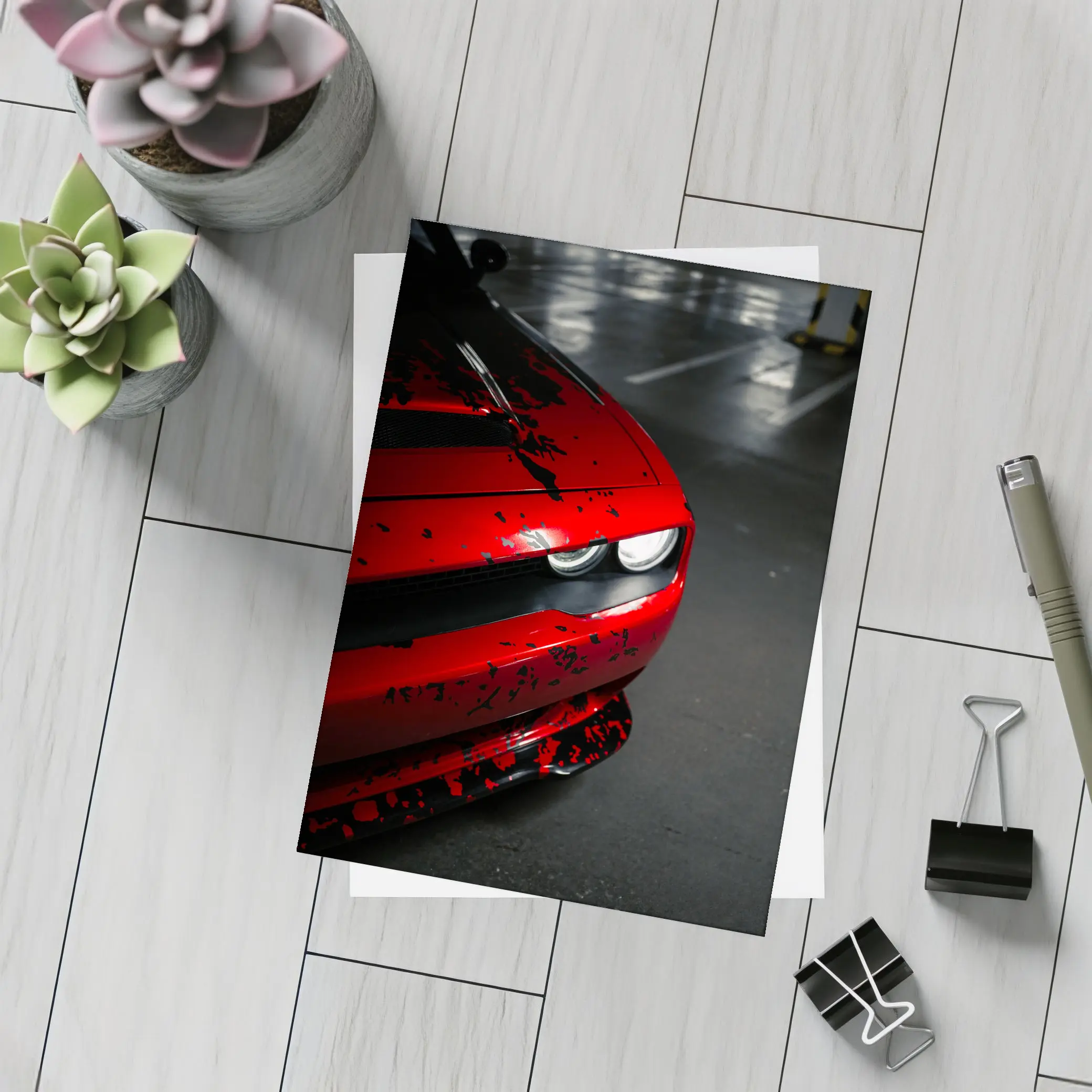 Red Dodge Challenger Front End Dark Garage – Postcards