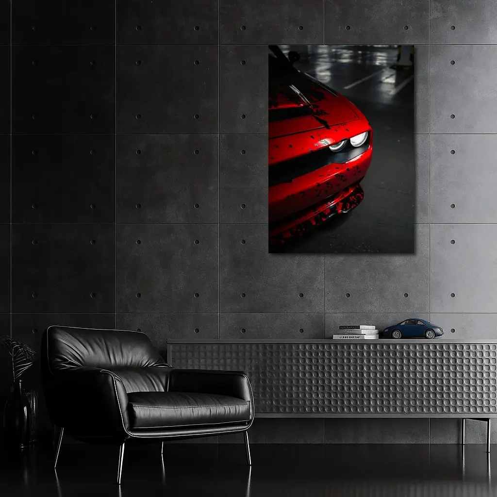 Red Dodge Challenger Front End Dark Garage – Wall Art