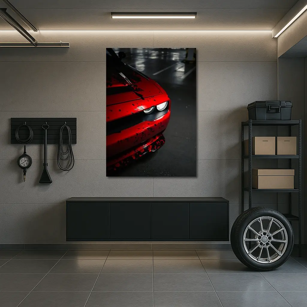 Red Dodge Challenger Front End Dark Garage – Wall Art