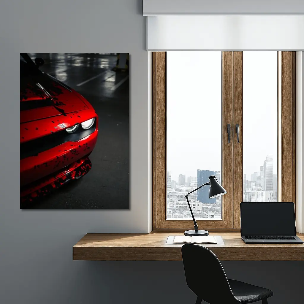 Red Dodge Challenger Front End Dark Garage – Wall Art