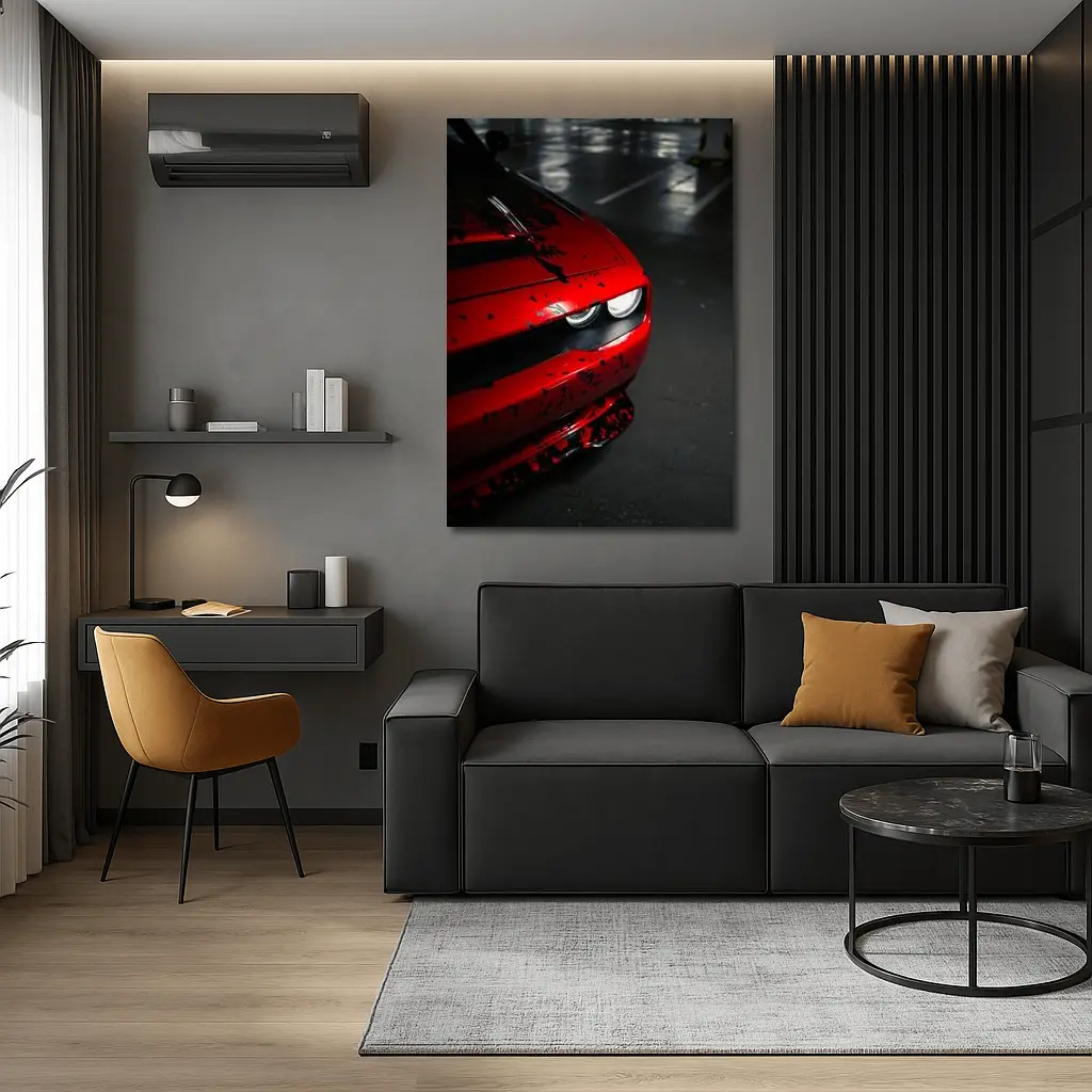 Red Dodge Challenger Front End Dark Garage – Wall Art