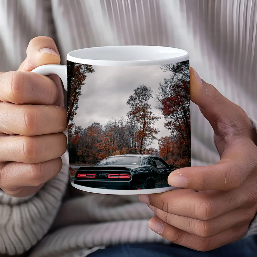 Dodge Challenger Black Muscle Car Autumn Road – Mugs