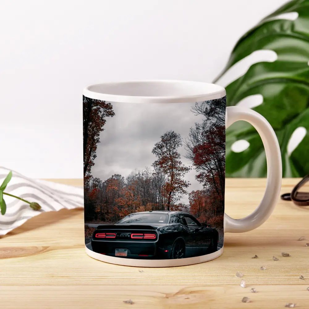 Dodge Challenger Black Muscle Car Autumn Road – Mugs