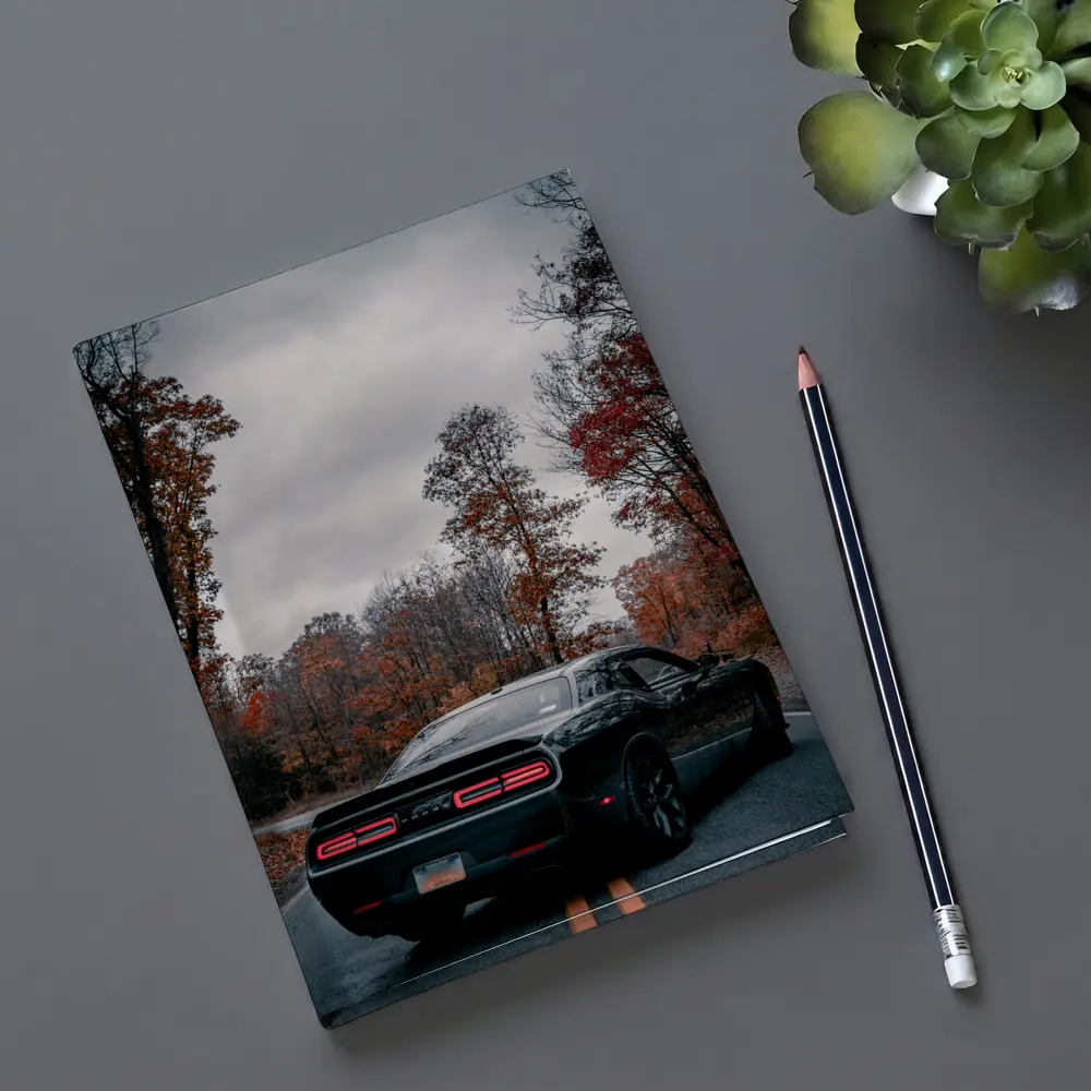 Dodge Challenger Black Muscle Car Autumn Road – Notebooks