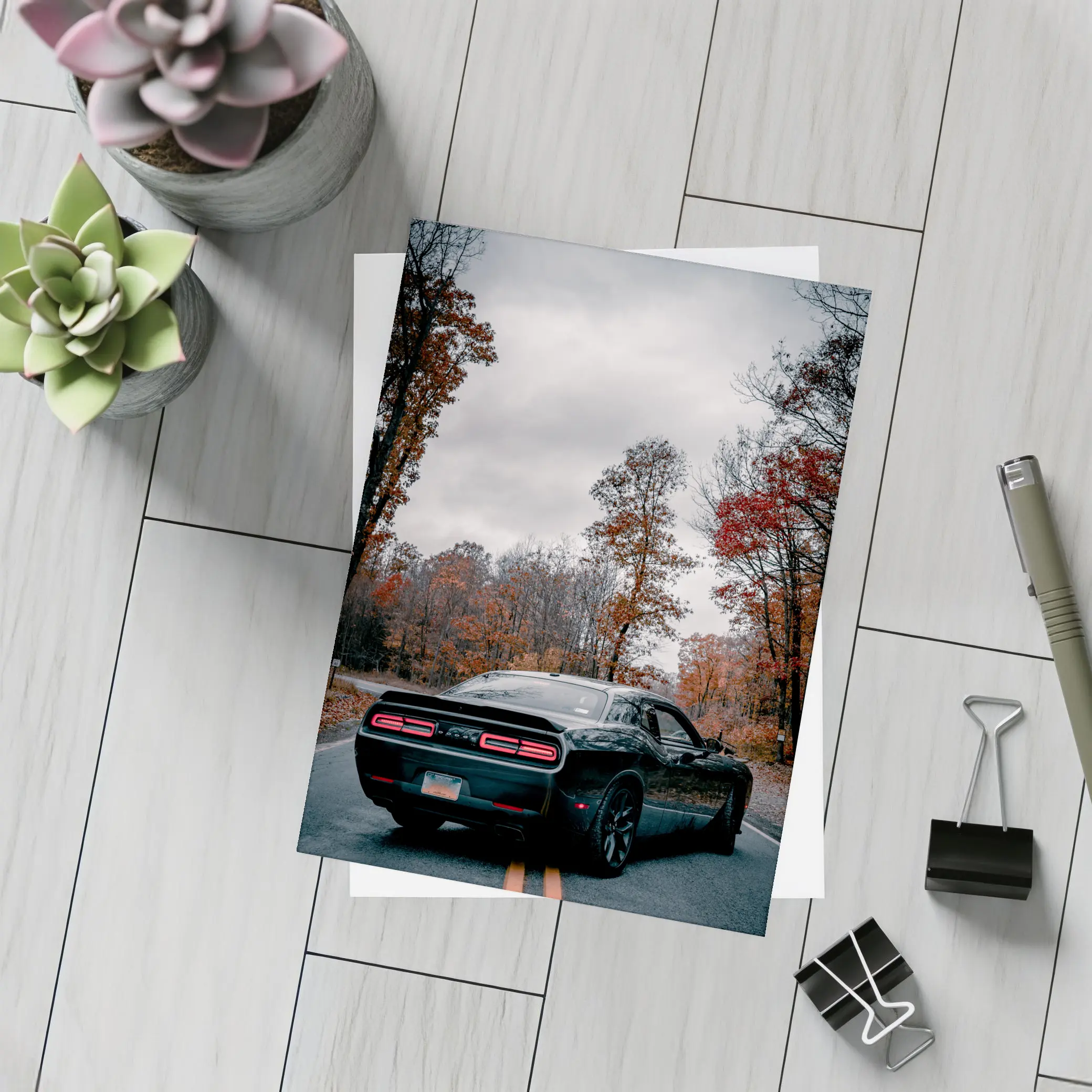 Dodge Challenger Black Muscle Car Autumn Road – Postcards
